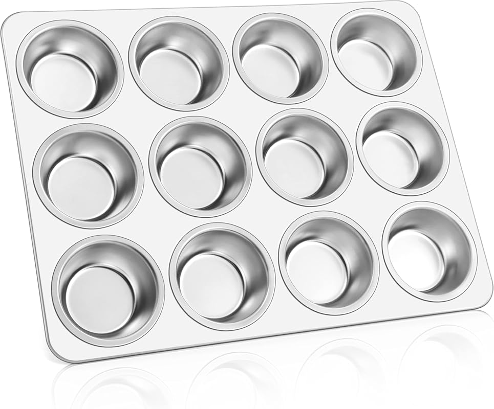 E-far Stainless Steel 12-Cup Muffin Pan, Regular Size Metal Cupcake Ba