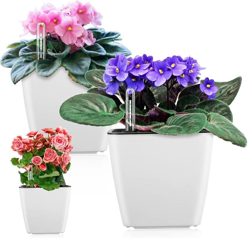 3 Pack White 5-Inch Self Watering Planters for Indoor African Violets,