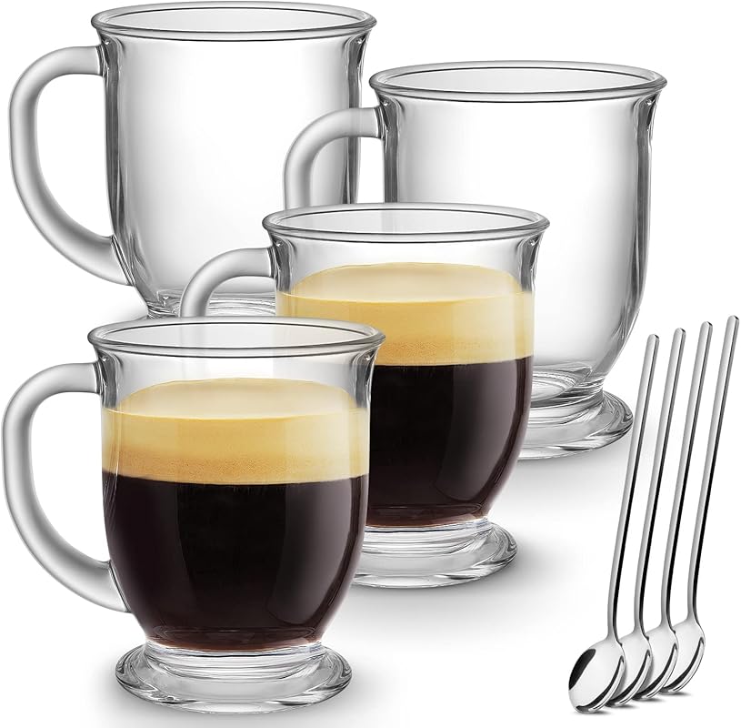 Mfacoy Large Clear Glass Coffee Mugs, 15 oz Set of 4 with Handles for 