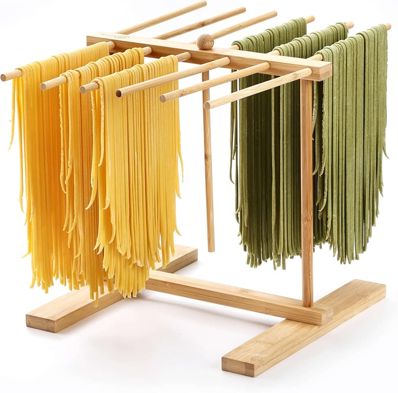Bamboo Pasta Drying Rack with 12 Bars, Transfer Wand, Suspension Desig