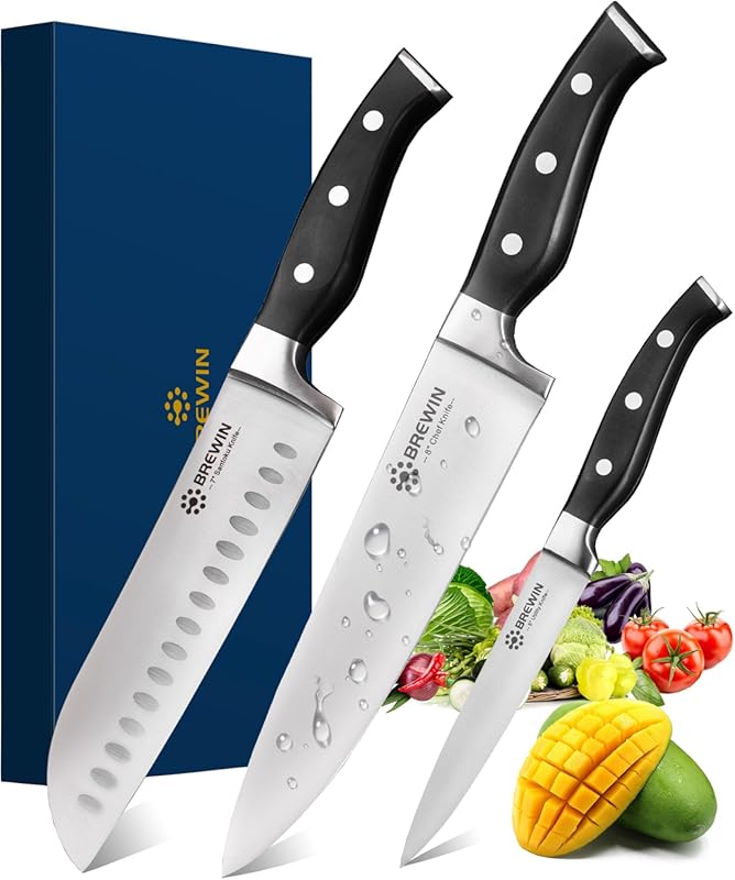 Brewin 3PC Professional Chef Knife Set, Sharp High Carbon Stainless St