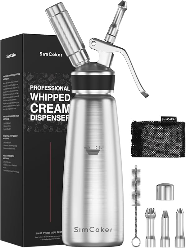 Professional Stainless Steel Whipped Cream Dispenser, 500ml with 3 Noz