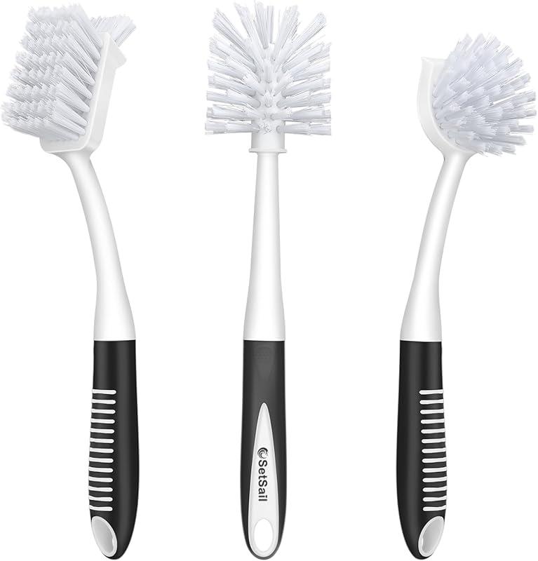 SetSail 3-Piece Dish Brush Set: Long Handle Scrubber, Scraper Tip, Bot