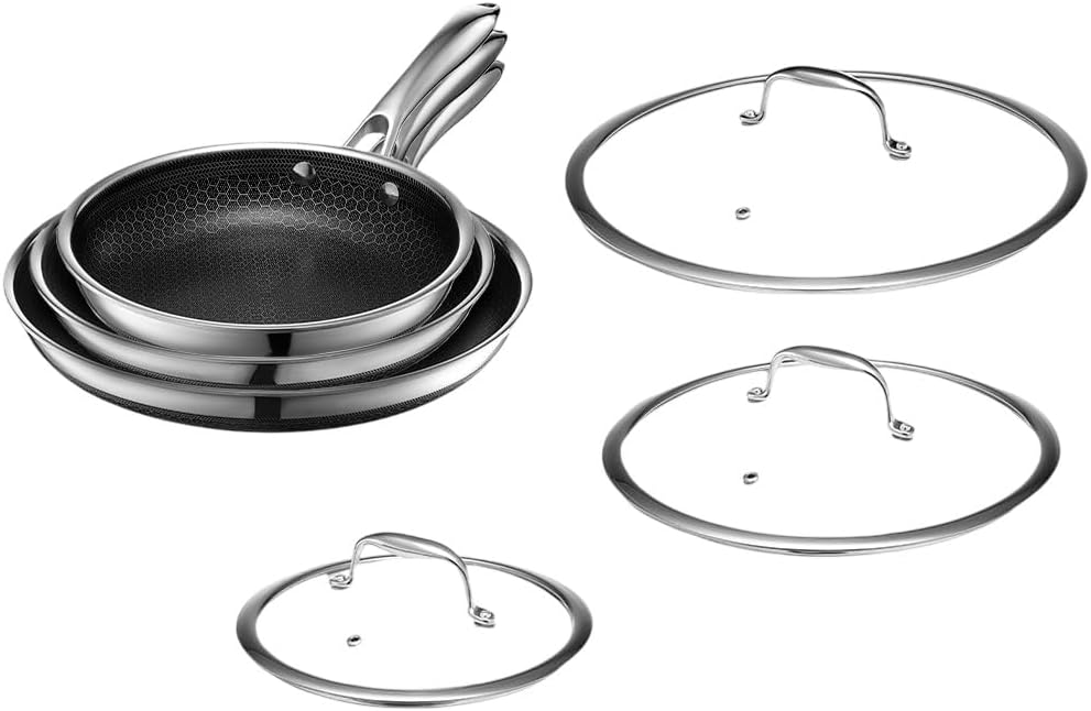 HexClad Hybrid Nonstick 6-Piece Fry Pan Set (8-12 Inch) with Lids, Ind
