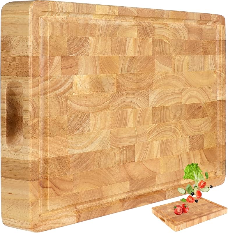 Reversible Wooden End Grain Butcher Block Cutting Board with Juice Gro