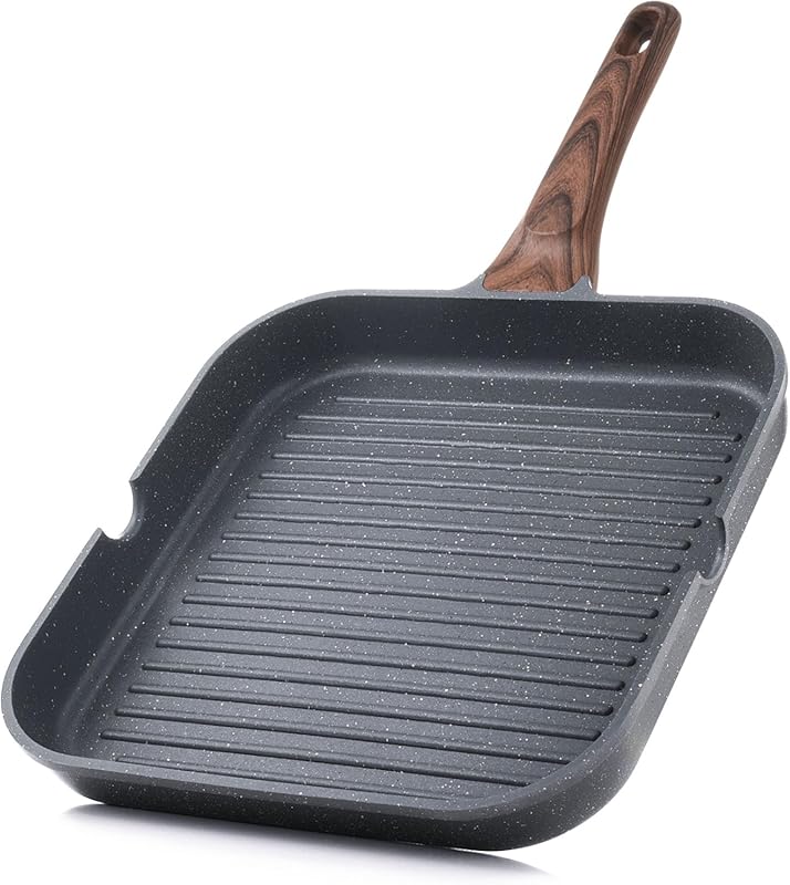 SENSARTE 9.5 Inch Nonstick Grill Pan Griddle with Pour Spouts, Square 