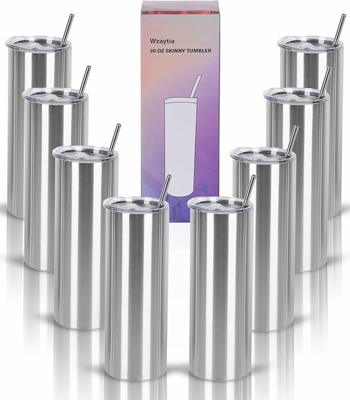 8-Pack 20 oz Straight Skinny Stainless Steel Insulated Tumblers, Indiv