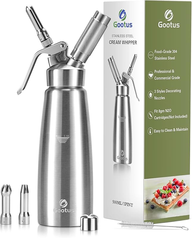 Gootus Professional Stainless Steel Whipped Cream Dispenser, 500ml Can