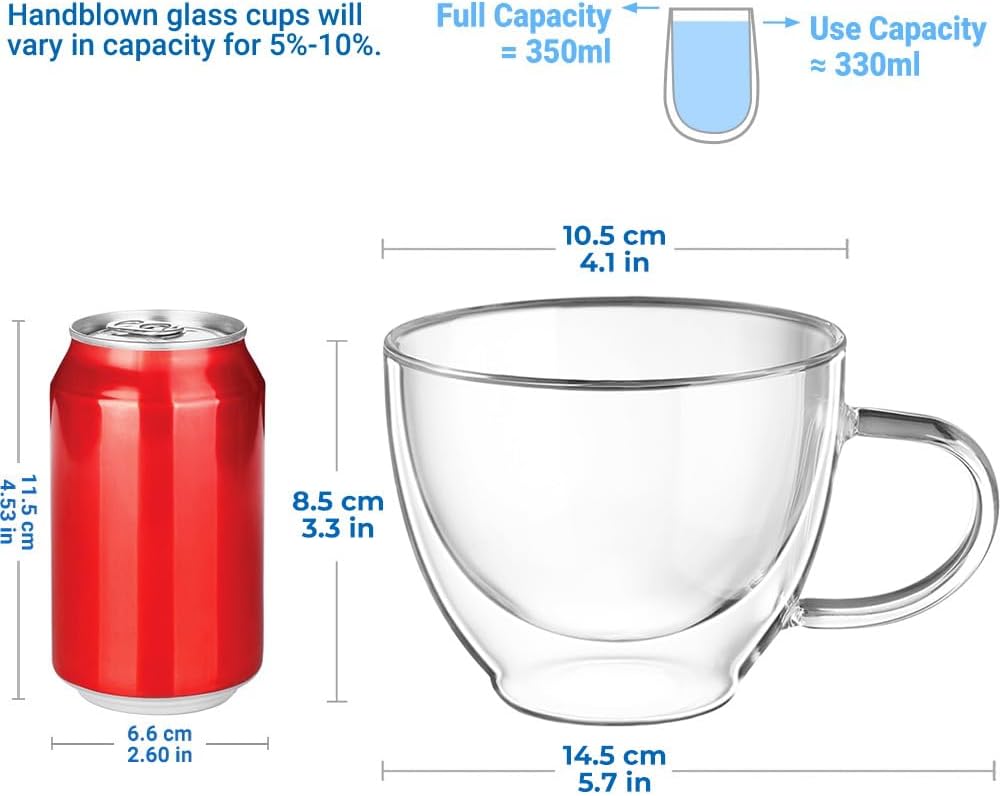 ecooe Double Walled Glass Coffee Mug Set of 2, 12 oz Insulated Borosil