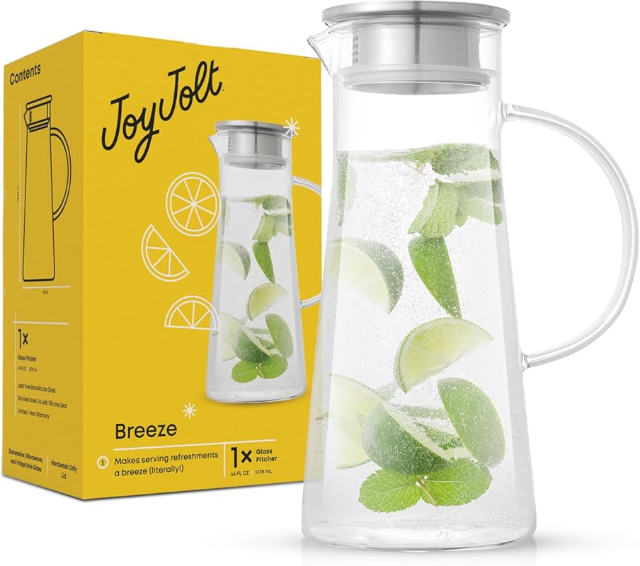 JoyJolt 50oz Borosilicate Glass Pitcher with Stainless Steel Lid for I