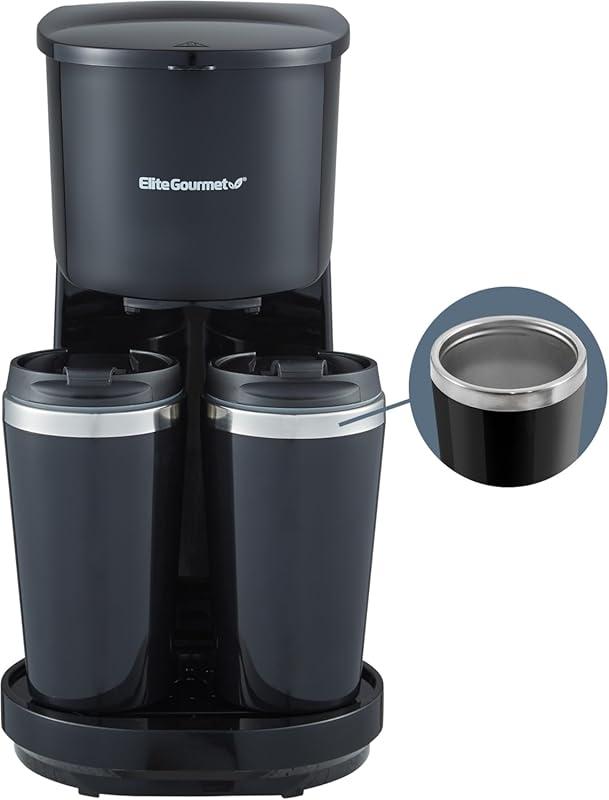Elite Gourmet EHC116 Dual Drip Coffee Maker, Two 14oz Thermal Mugs, Re