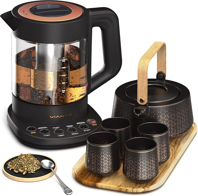 Vianté Luxury Tea Set: Electric Kettle with Infuser, Ceramic Serving T