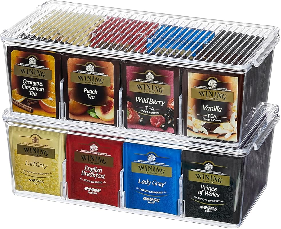 Lifewit 2-Pack Clear Plastic Tea Bag Organizer with Lids – 16 Divided 