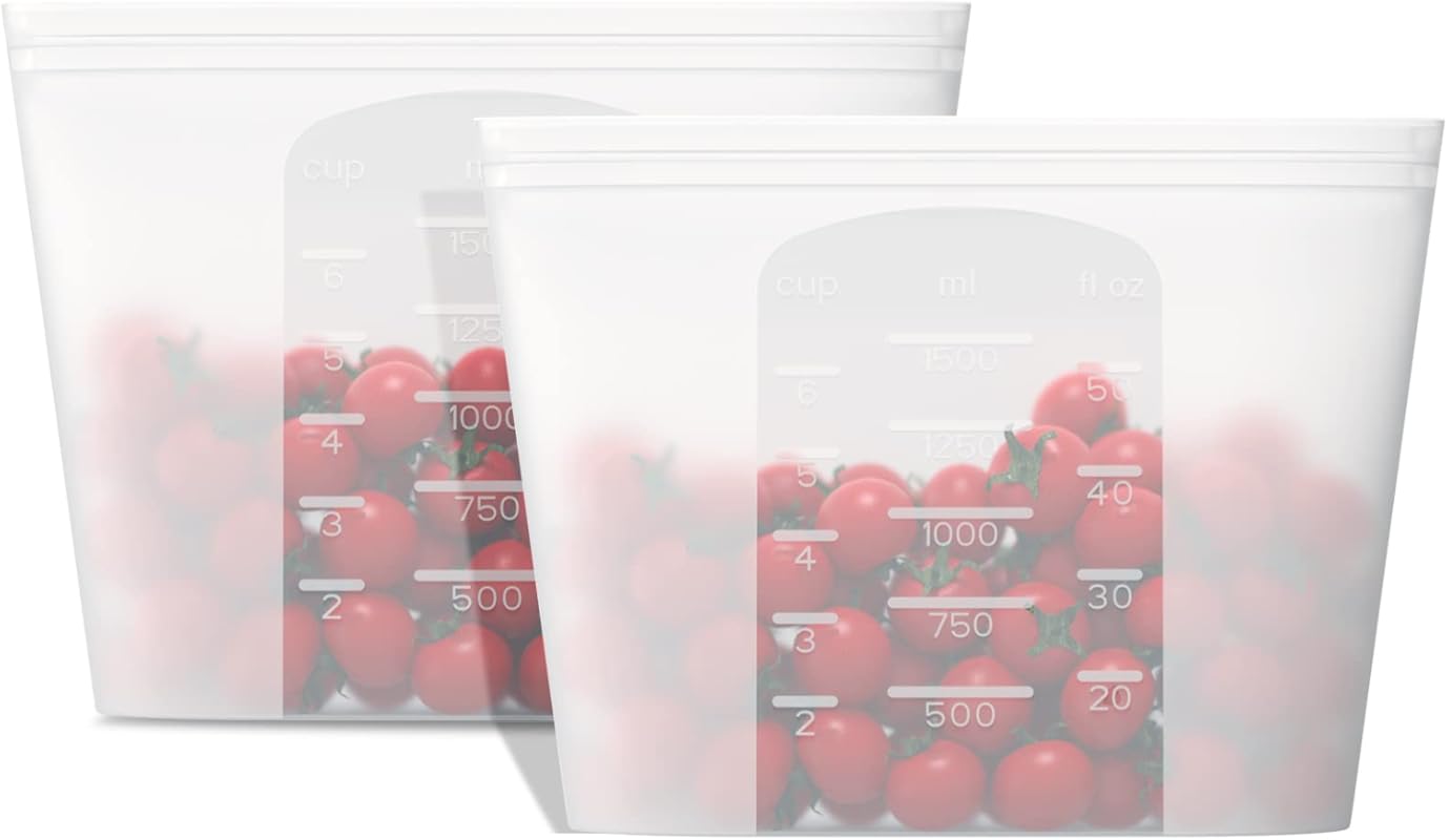 Reusable Large Silicone Food Storage Bags (2-Pack) 53oz, Zip Sealed fo