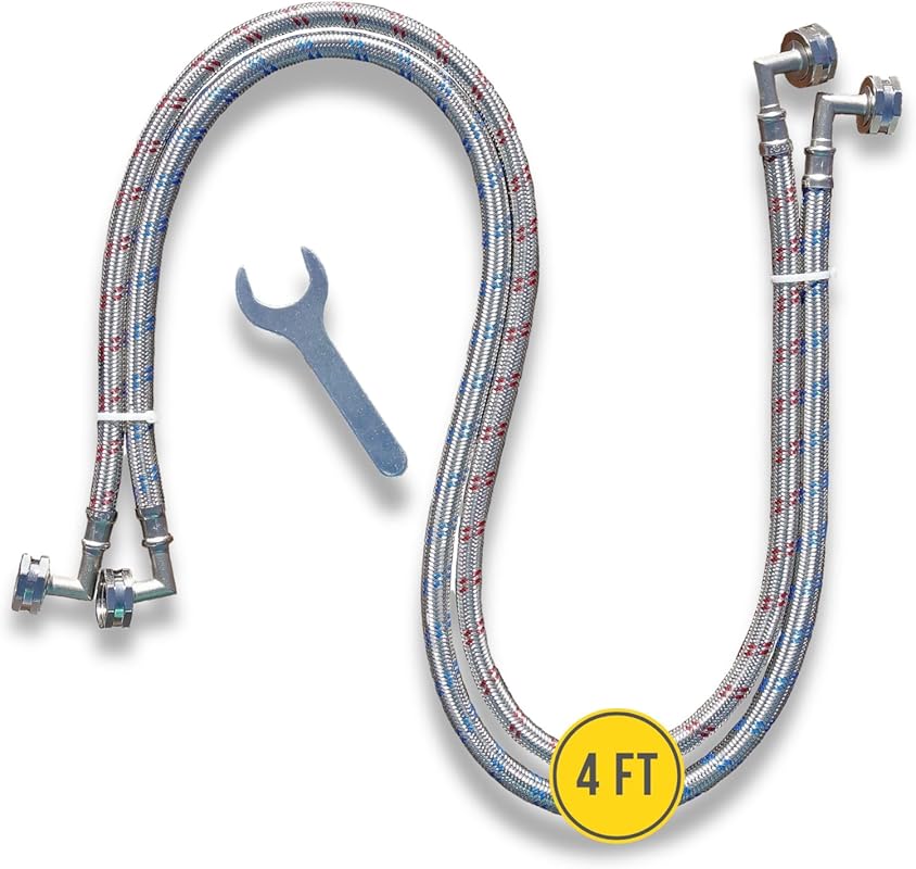 4 FT Washing Machine Hoses, Double 90° Elbow, OCTAGON Connectors, Burs