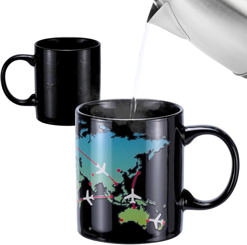 Ceramic World Map Mug with Airplanes, Heat-Activated Color Changing Gi