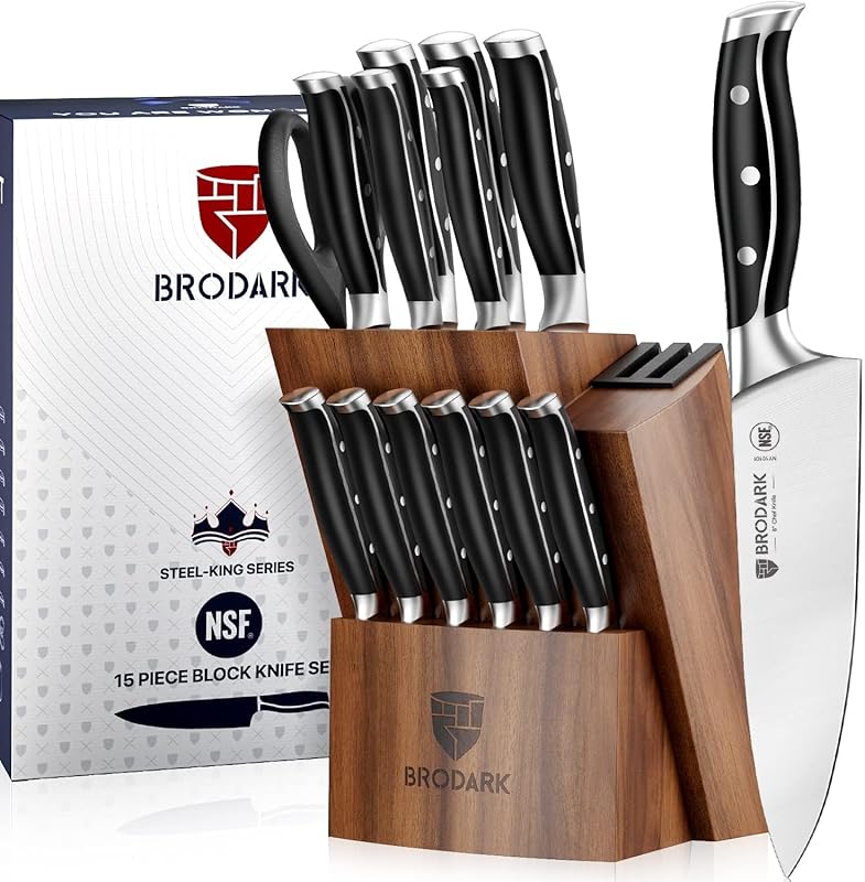 BRODARK 15-Piece Full Tang German Stainless Steel Kitchen Knife Set wi