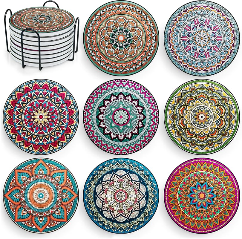 Mandala 8 Pcs Ceramic Absorbent Drink Coasters with Holder, Boho Cork 