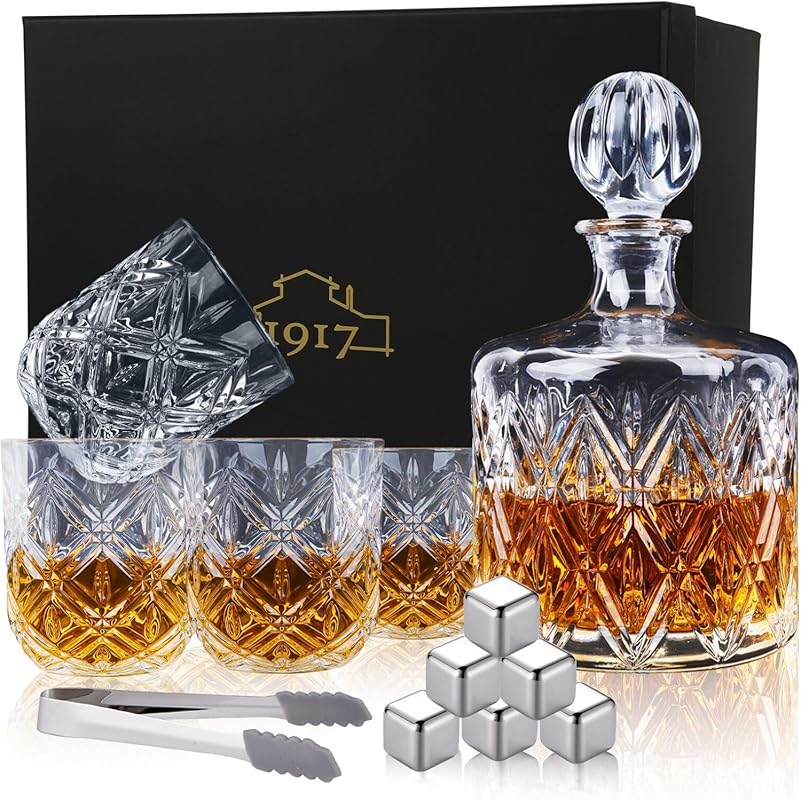 Premium 37oz Crystal Whiskey Decanter Set for Men with 4 Glasses, Ston