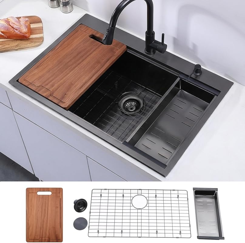 Black 33-inch Top Mount 16 Gauge Stainless Steel Workstation Kitchen S