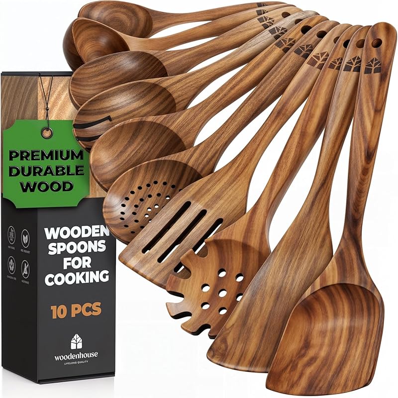 10-Piece Teak Wood Utensil Set for Cooking – Durable, Nonstick Safe & 