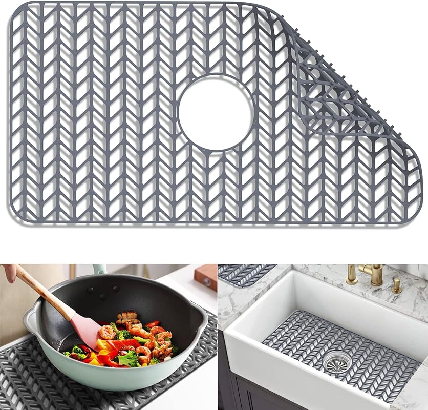 Gray Silicone Sink Protector Mat 26x14 for Farmhouse Kitchen Sinks, No