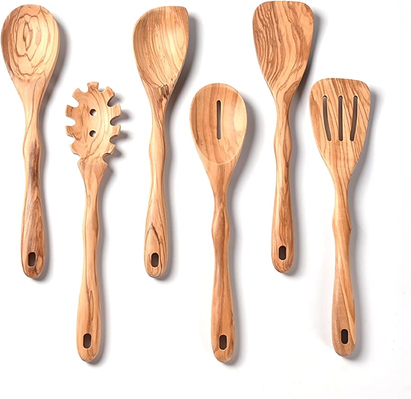 Gudamaye 12-Inch Natural Olive Wood 6-Piece Utensil Set – Long Handle 