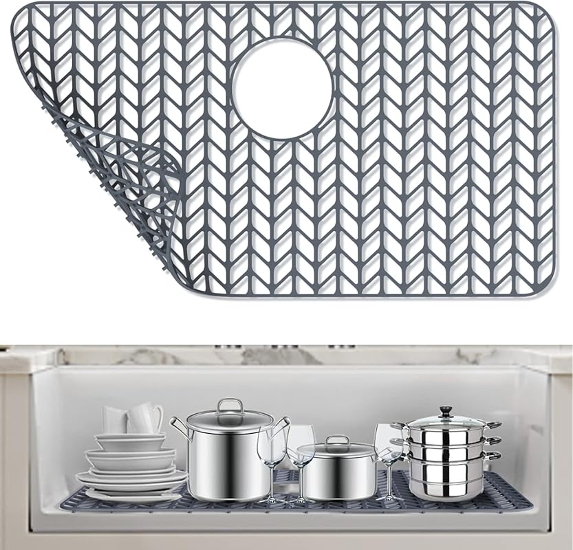 AWOKE Silicone Sink Mat 26x14, Grey, Non-Slip for Farmhouse Sinks, Rea