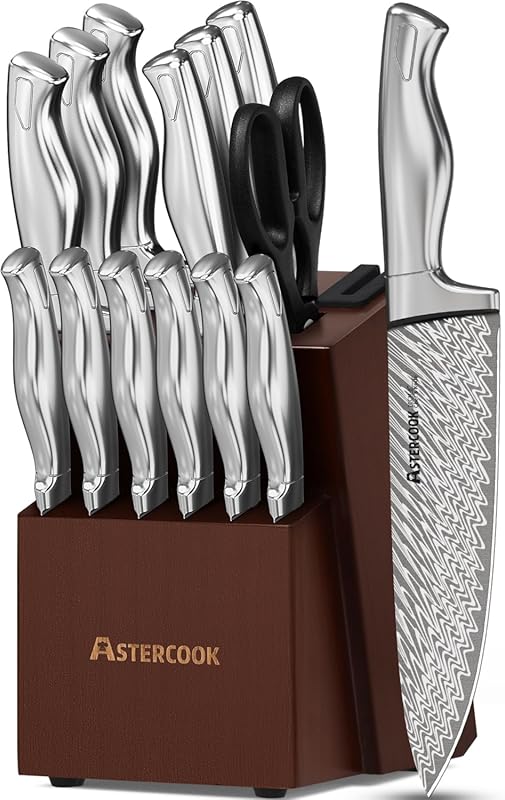 Astercook 15-Piece German Stainless Steel Kitchen Knife Set, Block, Bu