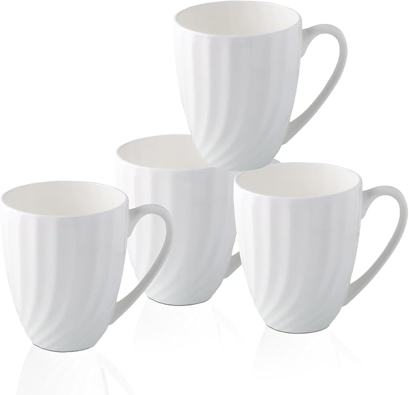 Fine Bone China White Coffee Mugs, 12 oz Set of 4, Spiral Pattern, Thi