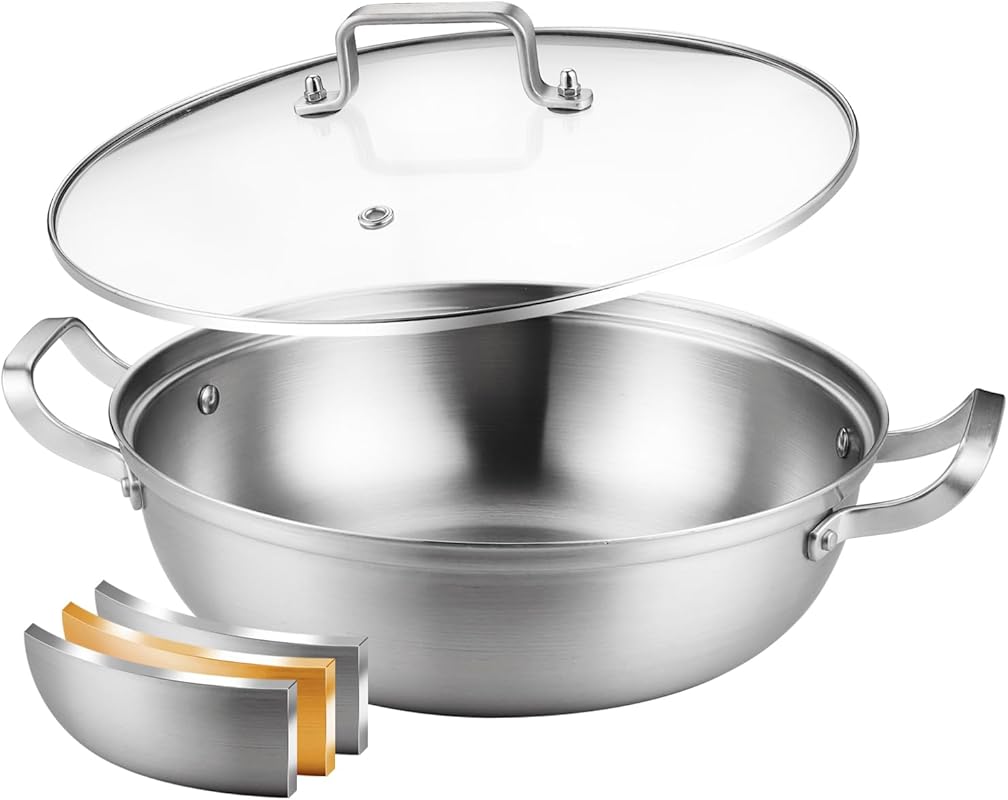 Delarlo 11-inch Tri-Ply Stainless Steel Deep Saute Pan with Lid, 3.5QT
