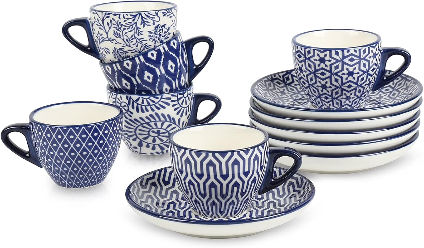 Selamica Vintage Blue Ceramic Espresso Cups Set, 2 oz Mini Demitasse w