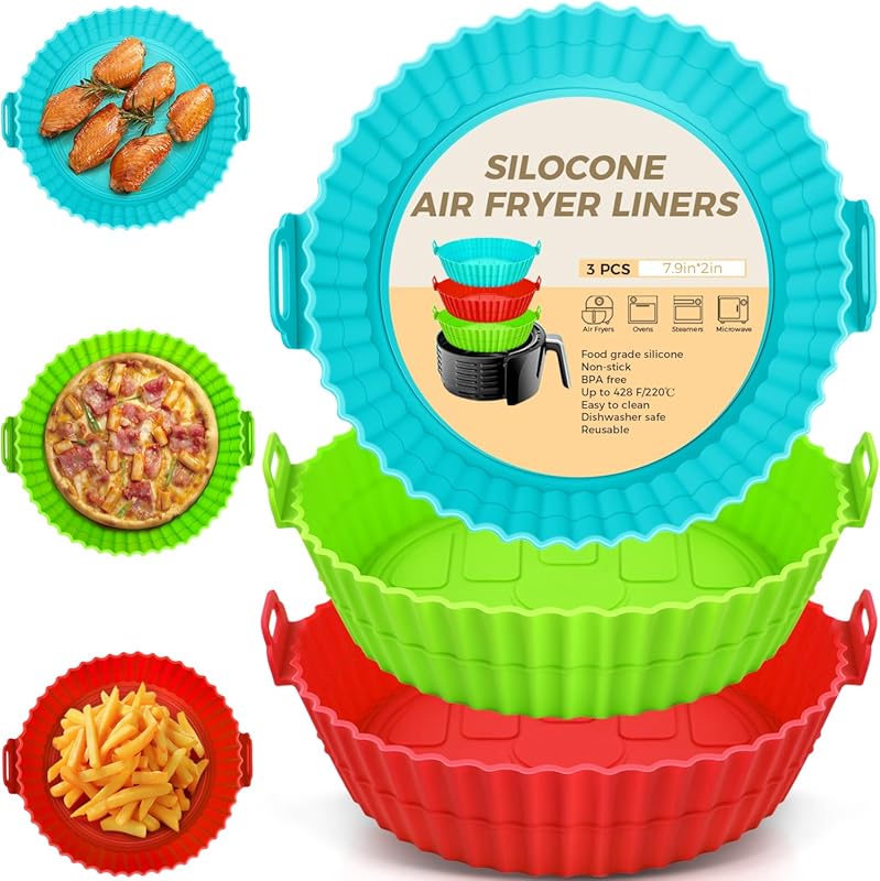 Buauty 3-Pack 8-Inch Reusable Food Grade Silicone Air Fryer Liners Pot