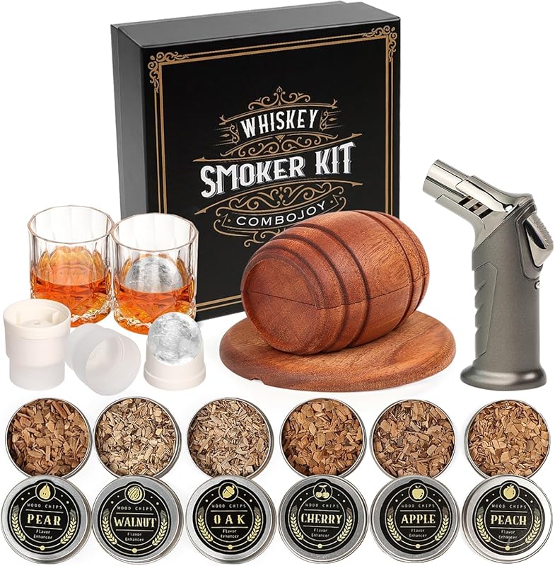 Premium Whiskey Smoker Kit with Torch, 6 Wood Chips, 2 Glasses and Ice