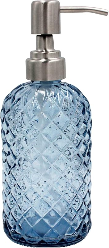 16oz Blue Diamond Pattern Glass Soap Dispenser, Refillable with Rust-R