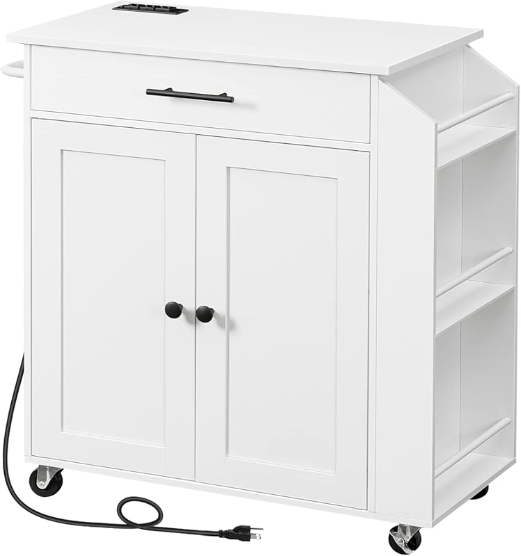 HOOBRO Rolling Kitchen Island with Power Outlet, Spice Rack, Drawer & 
