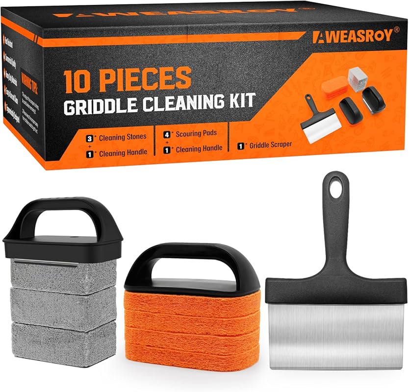 Professional Flat Top Griddle Cleaning Kit with Scraper, Stone & Brush