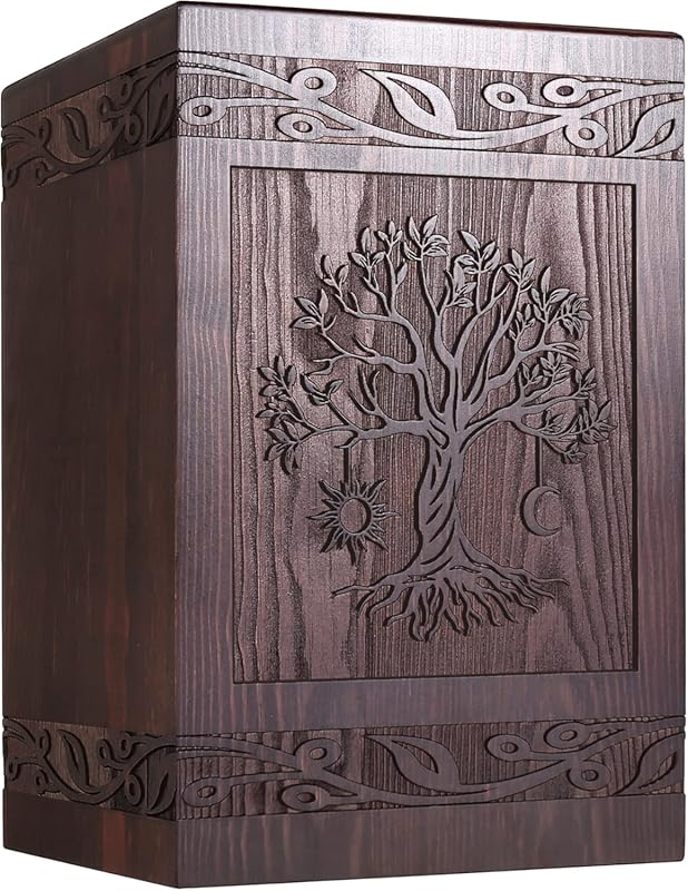 Wooden Tree of Life Cremation Urn Box for Human Ashes, Pets, Child. Ho