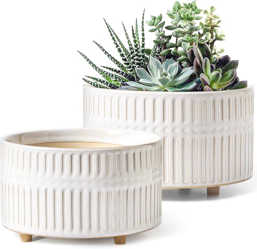 LE TAUCI Set of 2 White Ceramic Succulent Planters (6.5+8") with Drain