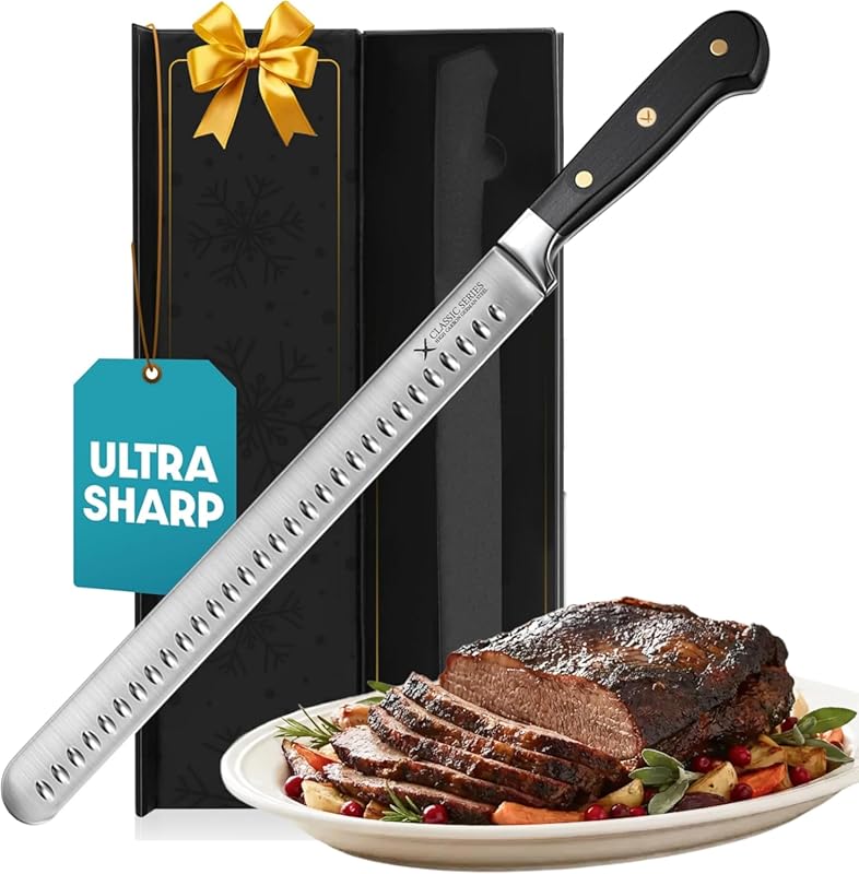 12" Brisket Slicing Knife: Razor Sharp German Steel for BBQ. Full Tang
