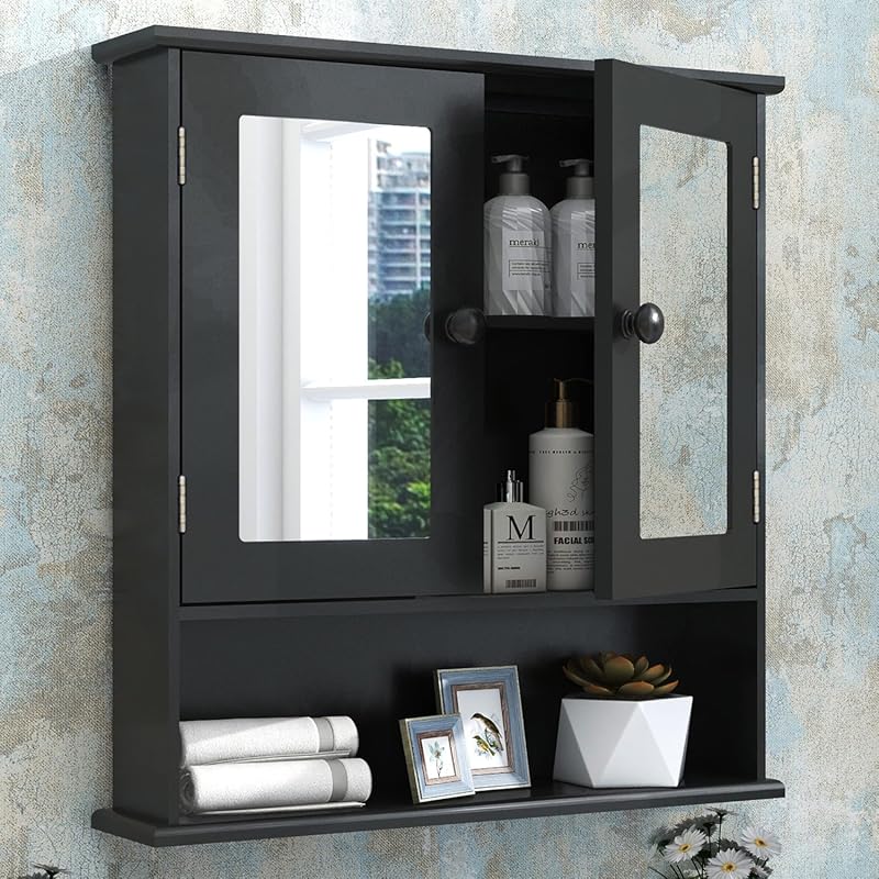 TaoHFE Black Wall Mounted Medicine Cabinet: Over Toilet Wooden Storage