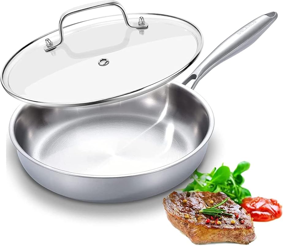 DELARLO 12-Inch Tri-Ply Stainless Steel Frying Pan, Oven Safe Inductio