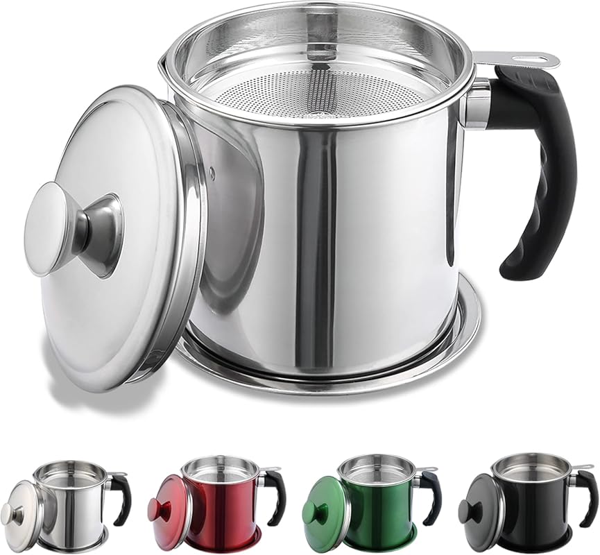 Kyraton 48 oz Stainless Steel Bacon Grease Container with Strainer, Li