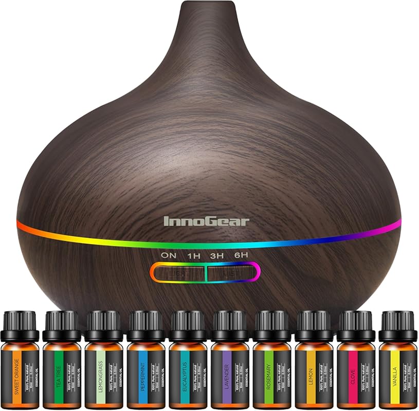 InnoGear 400ml Dark Wood Grain Ultrasonic Diffuser & 10 Oils Set - Coo