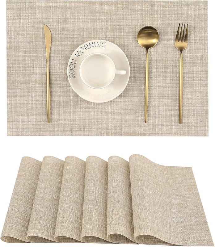 Leetaltree Beige Woven Vinyl Placemats Set of 6 – Heat Resistant, Wash