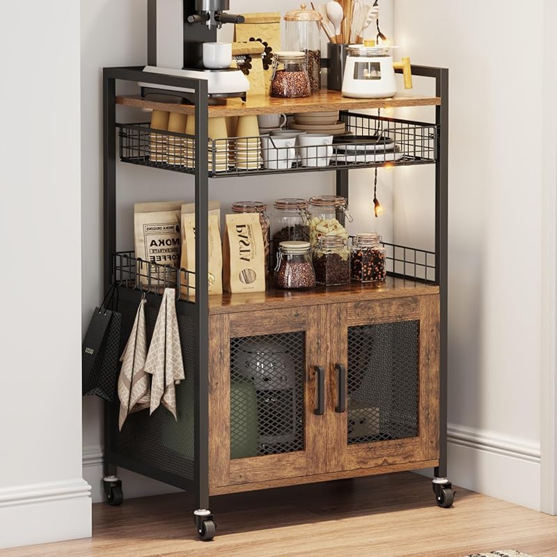 Rustic Brown 3-Tier Coffee Bar Cabinet, Rolling Cart, Wire Basket Draw