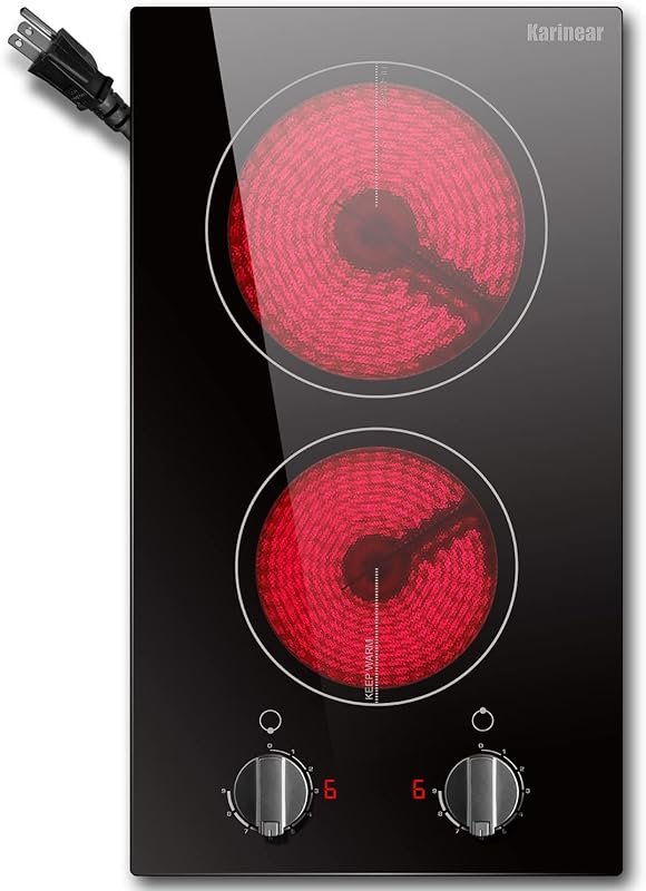 Karinear 110V Electric Cooktop 2 Burners, 12'' Plug-in Ceramic Stove T