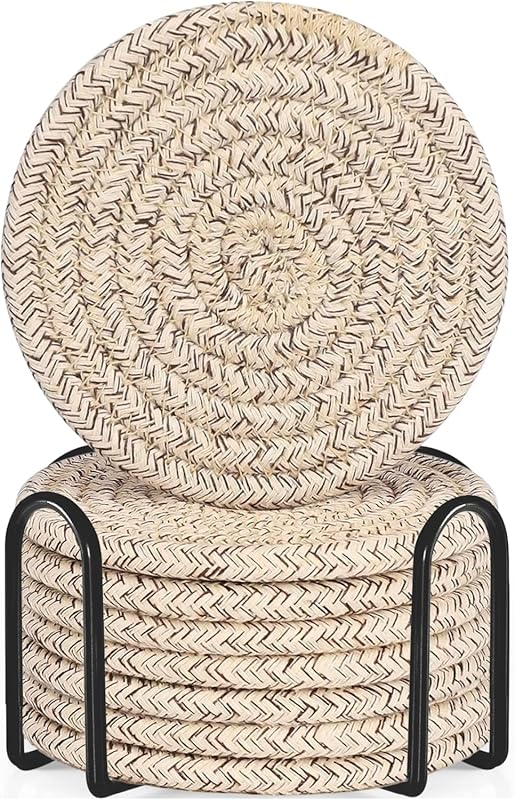 ABenkle Absorbent Cotton Woven Drink Coasters Set of 8 with Holder for