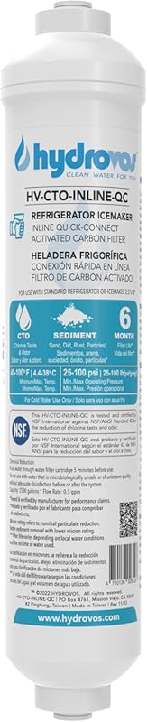 HYDROVOS Inline Carbon Water Filter for Refrigerator, Ice Maker, RVs –