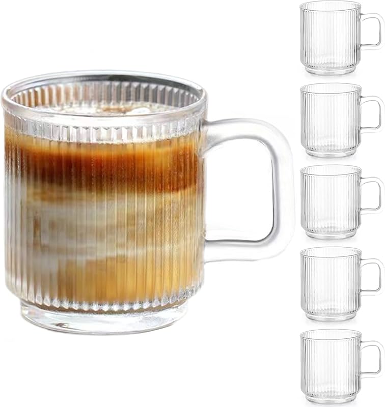 Premium Glass Coffee Mugs 6 Pack, 12oz Classic Vertical Stripes Cups w
